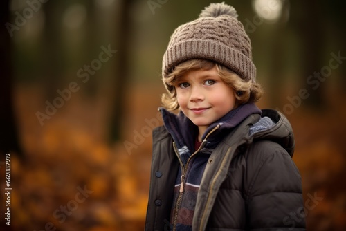 Portrait of a cute little boy in the forest. Autumn.