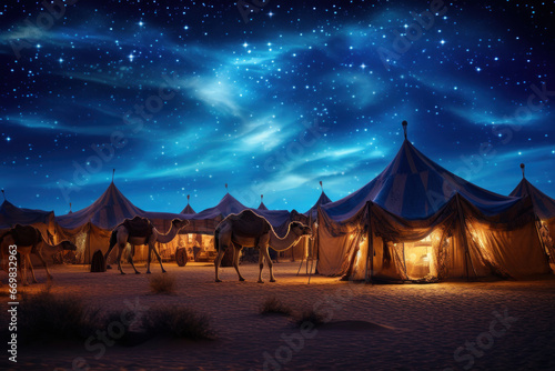 Arabian desert oasis with colorful tents, camels, and a starry night sky photo