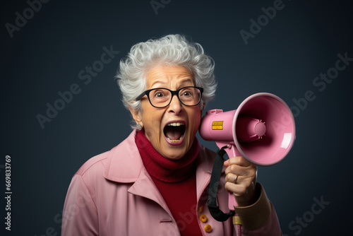 Senior woman old lady screaming in megaphone loudspeaker to be heard on studio blue background. Important announcement news, significant messages sale discount concept photo