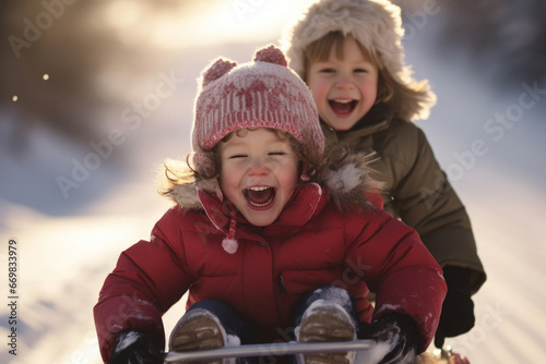 Children have fun sledding down the hill. Winter outdoor fun