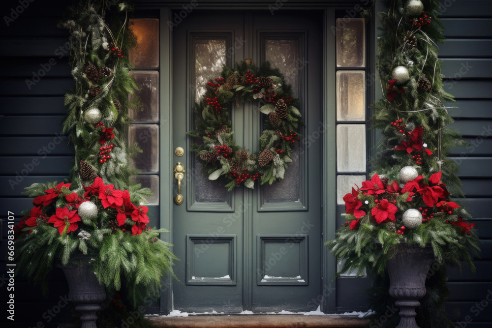 Christmas wreath on the door. Expectation for the New Year and Christmas holidays