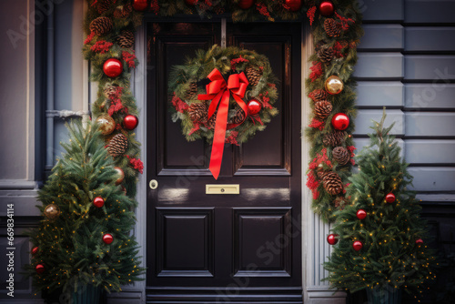 Christmas wreath on the door. Expectation for the New Year and Christmas holidays