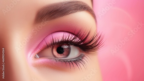 AI illustration of a young woman wearing pink makeup and long black false eyelashes