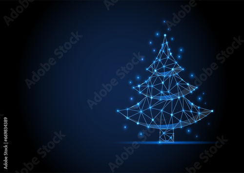 Christmas tree wireframe new year digital banner date vector sign. Xmas blue polygon tree with light and sparkles. Dot and line triangle blue futuristic polygonal design.