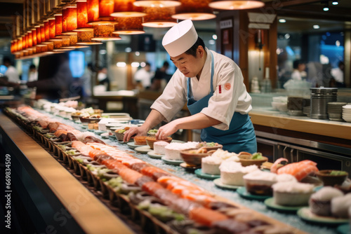 Sushi master puts rolls, sushi and sashimi on the display window