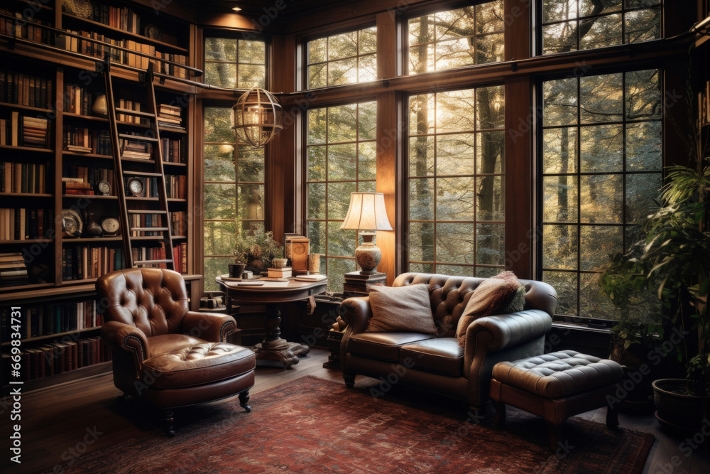 Cozy home office with bookshelves filled with books and a comfortable chair