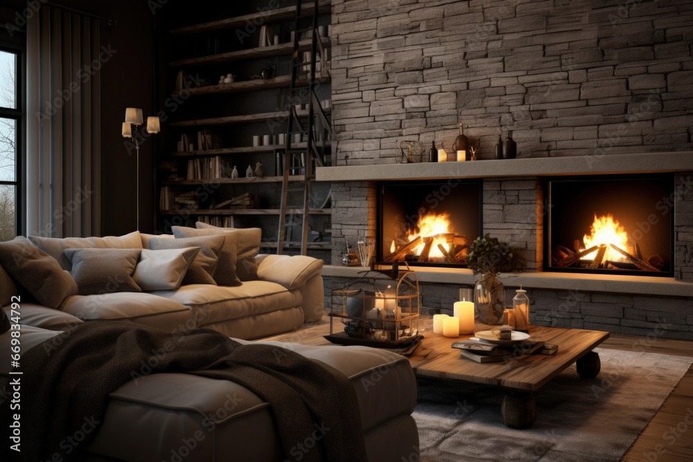 Cozy living room interior with a fireplace