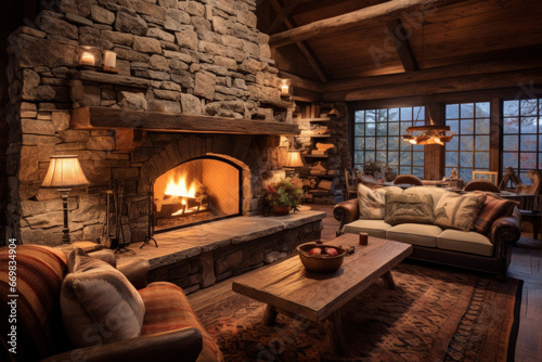 Ski lodge living room with a stone fireplace, antler chandelier, and cozy blankets