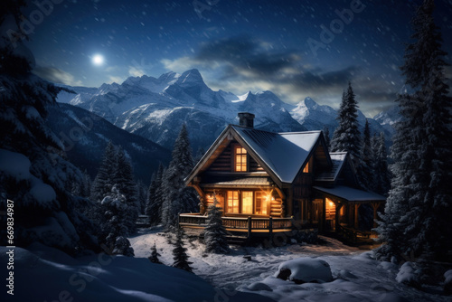 Winter Evening at a Mountain Chalet Under a Starry Sky