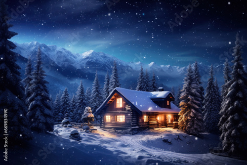 Winter Evening at a Mountain Chalet Under a Starry Sky © Nino Lavrenkova