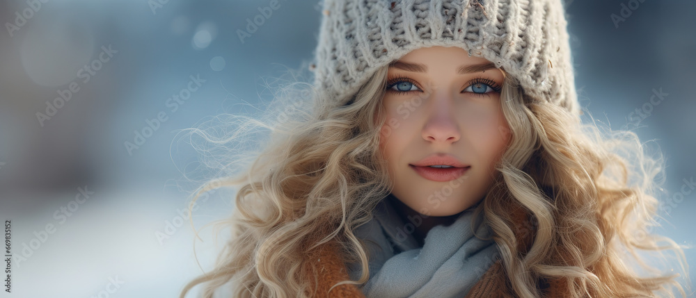 Image of a woman in the winter, with winter landscape bokeh in the background, with empty copy space Image of a woman in the winter, with winter landscape bokeh in the background, with empty copy space