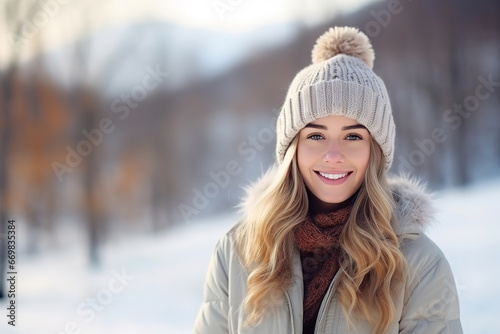 Image of a woman in the winter, with winter landscape bokeh in the background, with empty copy space