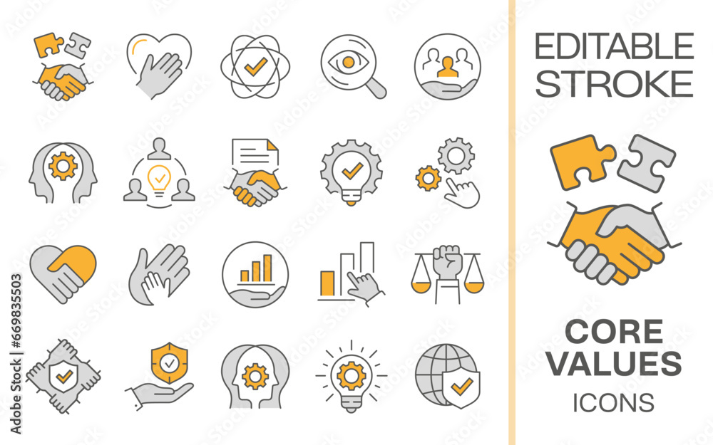 Core values icons, such as business, social responsibility, mission, integrity and more. Editable stroke. Core values icons, such as business, social responsibility, mission, integrity and more. Editable stroke.