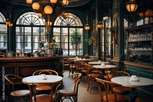 Elegant Parisian cafe with wrought iron tables, croissants, and espresso