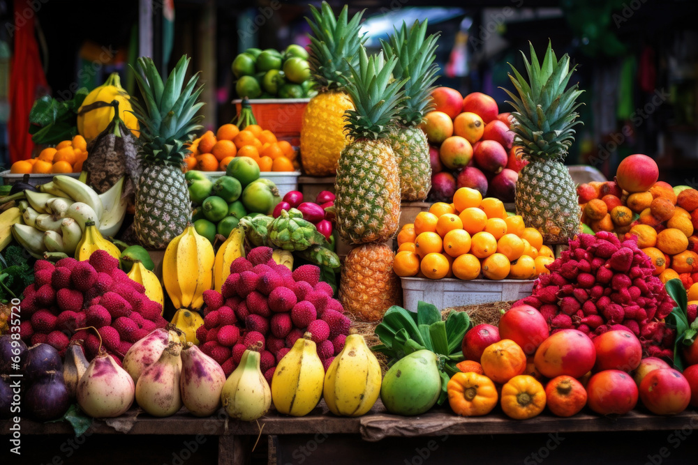 Exotic fruits on a farmer's market stand