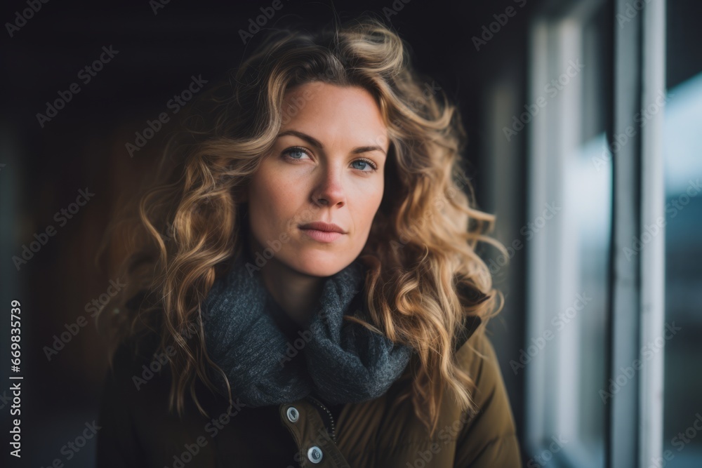Portrait of a beautiful young woman with long wavy blond hair, wearing a warm coat and scarf.