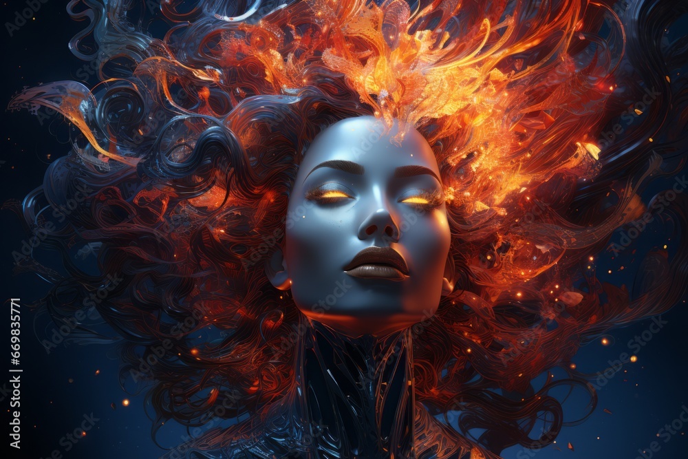 Mystical beautiful fictional woman on fire. Fire blazes around the woman. 3D render. 3D Illustration