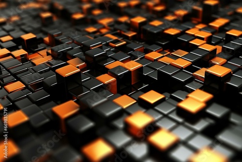 Vibrant and sleek arrangement of glossy orange and black blocks forming an impressive 3D-rendered tech wallpaper. Generative AI
