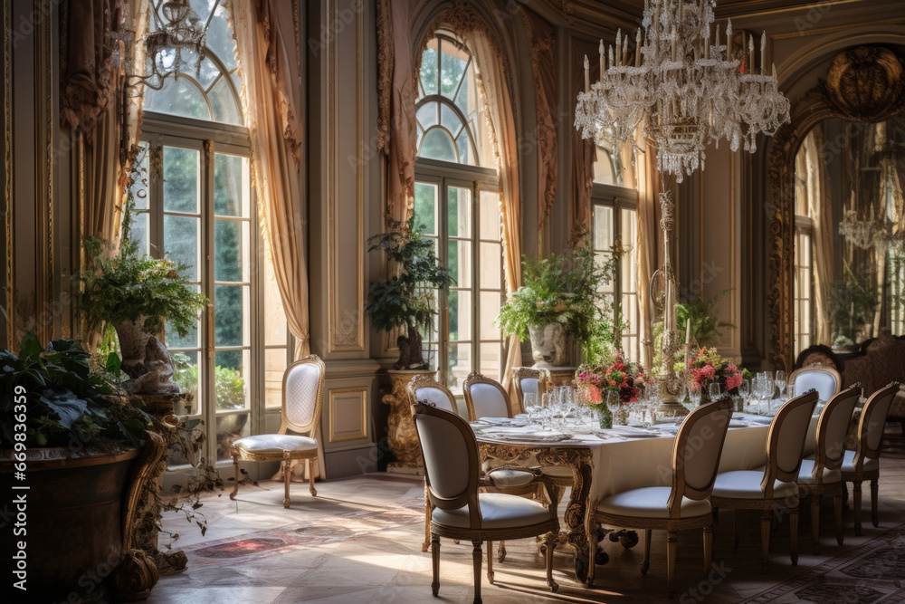 French chateau-style dining room with crystal chandeliers and elegant furnishings
