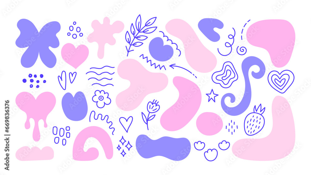 Set of abstract design elements shapes and doodles. Pink and purple spots, lines and scribbles in flat style. Y2k aesthetics.  Collection of minimalistic geometric forms. Vector illustration