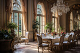 French chateau-style dining room with crystal chandeliers and elegant furnishings