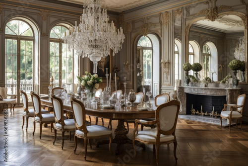 French chateau-style dining room with crystal chandeliers and elegant furnishings © Nino Lavrenkova