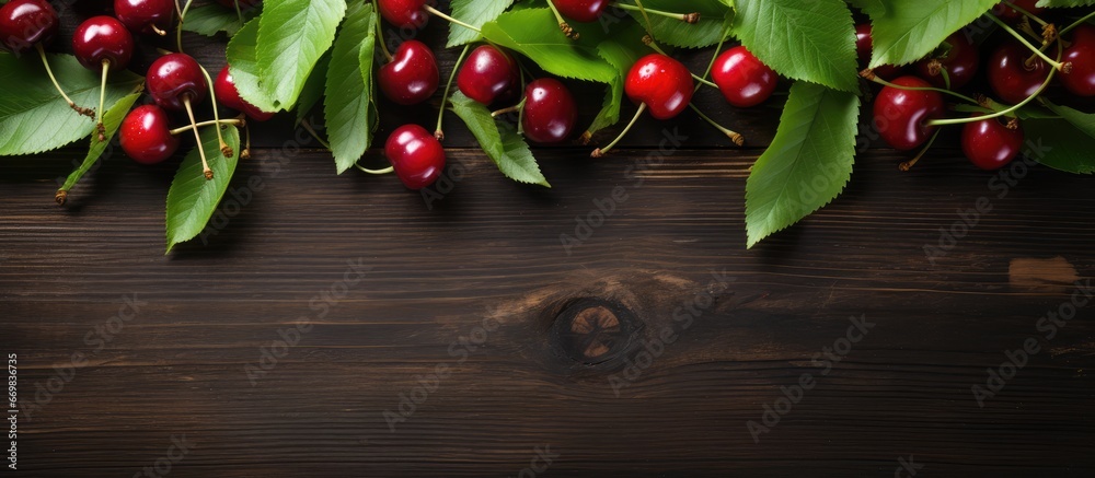 Sweet cherries and green leaves on wooden background