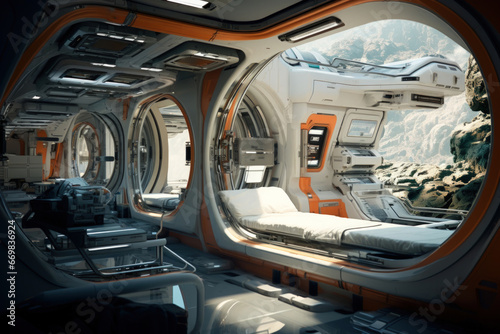 Futuristic space station with gravity-defying interiors, space suits, and cosmic vistas