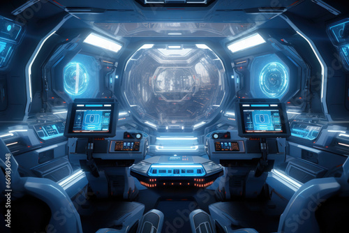 Futuristic spaceship interior with control panels, holographic screens, and astronauts