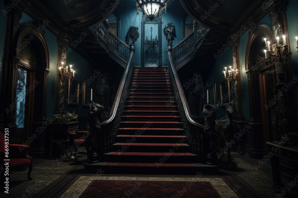 Haunted Victorian mansion with creaky stairs, ghostly apparitions, and eerie ambiance