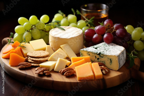 Gourmet cheese plate with a variety of noble cheeses and fruits