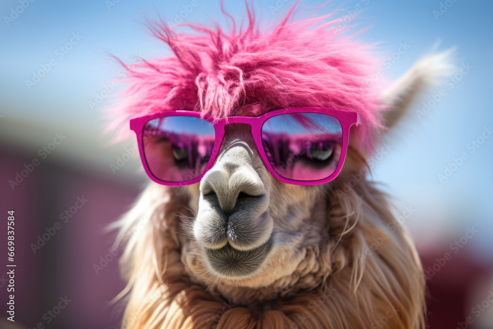 Llama with a pink mane in sunglasses on a blurred background. Generated by artificial intelligence