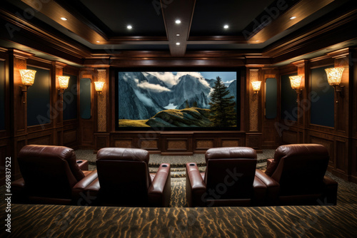 Home theater with plush leather recliners, a large screen, and popcorn