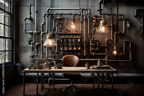 Industrial style office with lots of pipes and light bulbs. Unusual office design