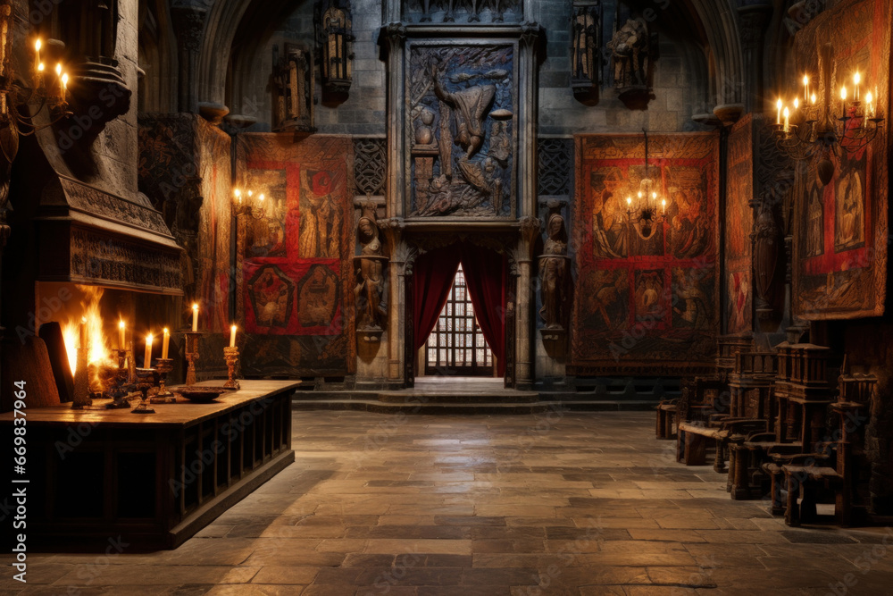 Medieval castle chamber with tapestries, suits of armor, and candlelit sconces