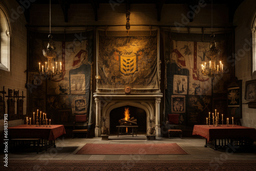 Medieval castle chamber with tapestries, suits of armor, and candlelit sconces