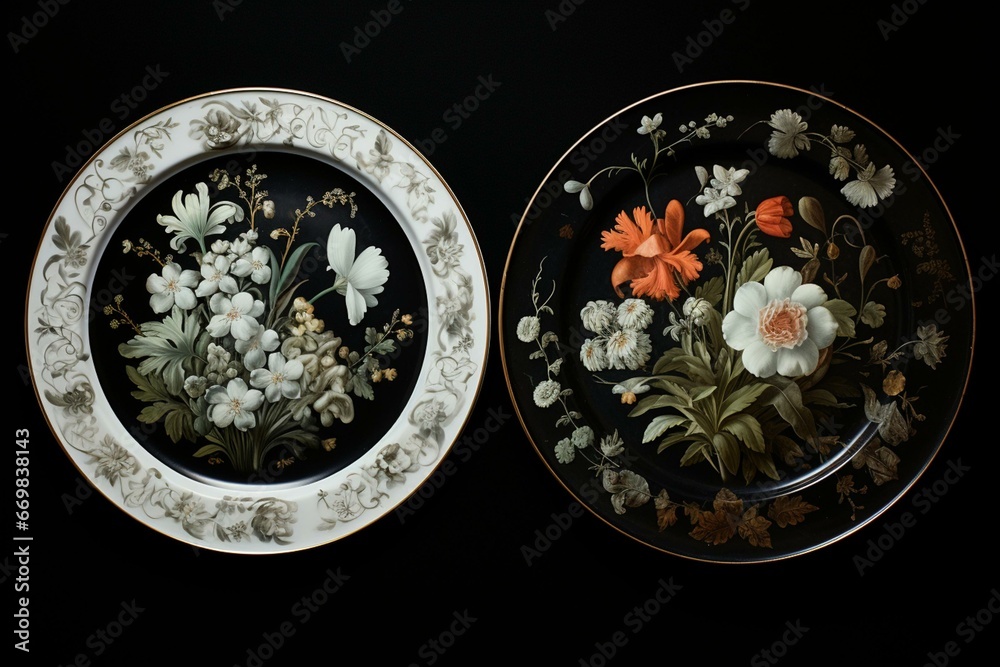 A plate with flowers on a black background and a white plate with a silver rim and black border. Generative AI