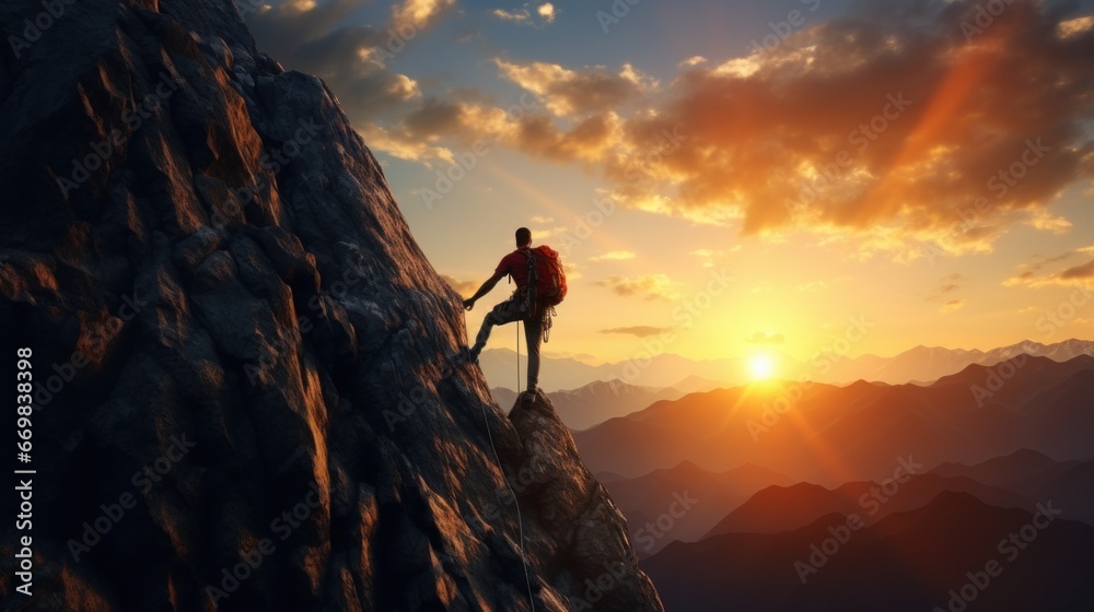 Black silhouette of a climber on a cliff rock with mountains landscape. Generative AI. Black silhouette of a climber on a cliff rock with mountains landscape. Generative AI.