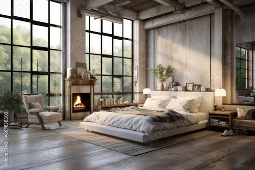 Modern loft bedroom with an open concept, concrete floors, and large windows
