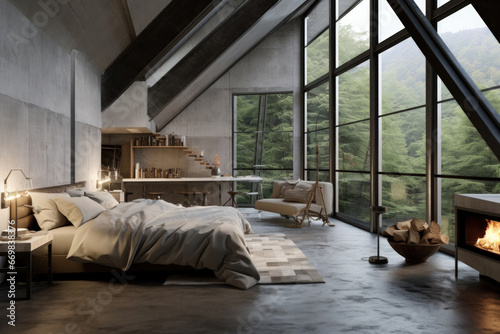 Modern loft bedroom with an open concept  concrete floors  and large windows