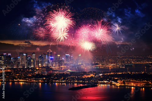 New Year's Eve fireworks over a city © Nino Lavrenkova