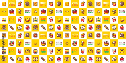 Fast Food Seamless Pattern in Pixel Art Retro 8bit Style. Cartoon Snack and Meal Elements For Cafe, Restaurant Decoration. Yellow Vector Game Arcade Motif. Sweet Desserts, Buns, Tarts, Sushi, Snacks.
