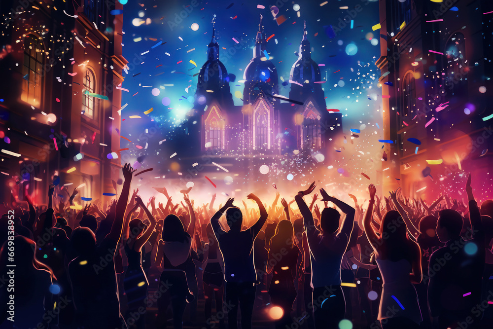 New Year's party in the city center with confetti, light show and colorful performance