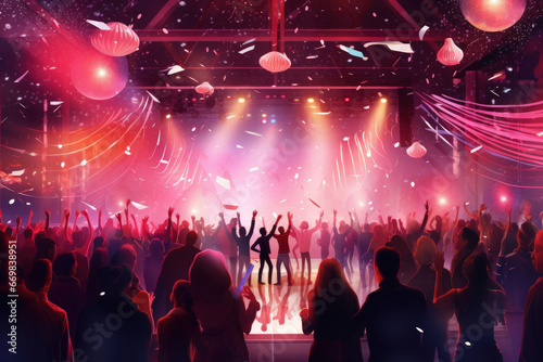 New Year's party in a club with confetti, light show and colorful performance, dance floor, discus thrower