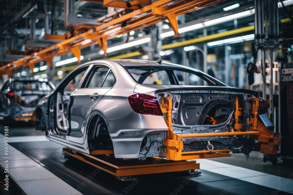 Car production line. Assembling a car on a conveyor belt. Close-up of a car body. Automotive industry Interior of a high-tech factory, modern production. Car production line. Assembling a car on a conveyor belt. Close-up of a car body. Automotive industry Interior of a high-tech factory, modern production.