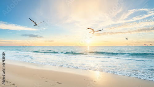 Seagulls flying over the beach at sunset. Panorama