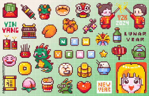 Pixel Art Decorative Elements for Lunar New Year. Traditional Asian Zodiac Symbols, Festive Icons and Modern Cute Decorative 8bit Game Style Isolated Stickers.