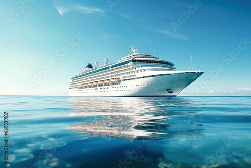 A huge cruise line travels across the sea. Sea travel vacation. Seascape overlooking a cruise liner. Passenger liner on the high seas. Tourist travel in the ocean.