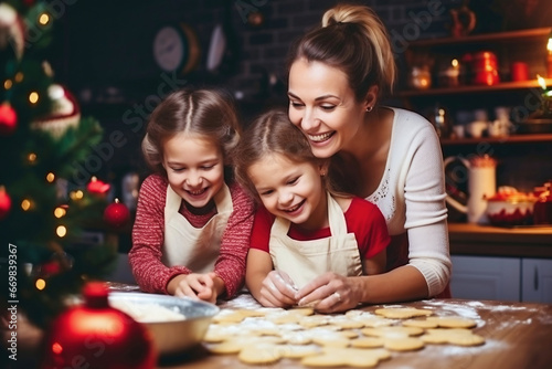 Photo of a woman and two young girls baking cookies together