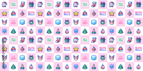 Retro Christmas Seamless Y2K Holiday Patterns with Santa Claus Hat, Reindeer Olaf. 90s Pixelated Christmas Tree, Gifts & Snowflake Art. Winter Season Cartoon Wallpaper 